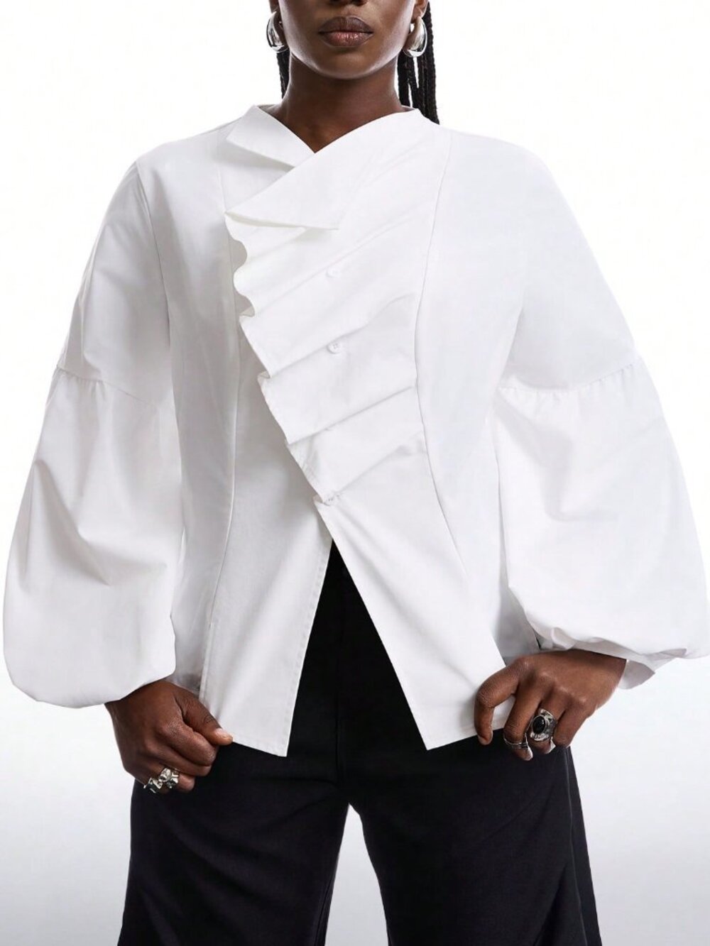White Casual Women's Silky Cowl Neck Peplum Top - Picture 5 of 7